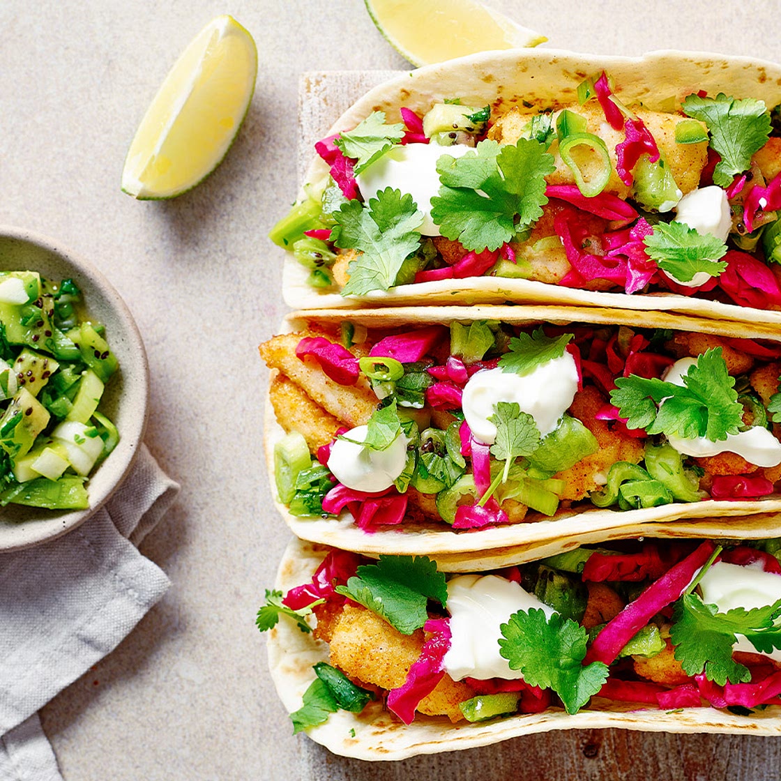 Crispy basa tacos with kiwi salsa