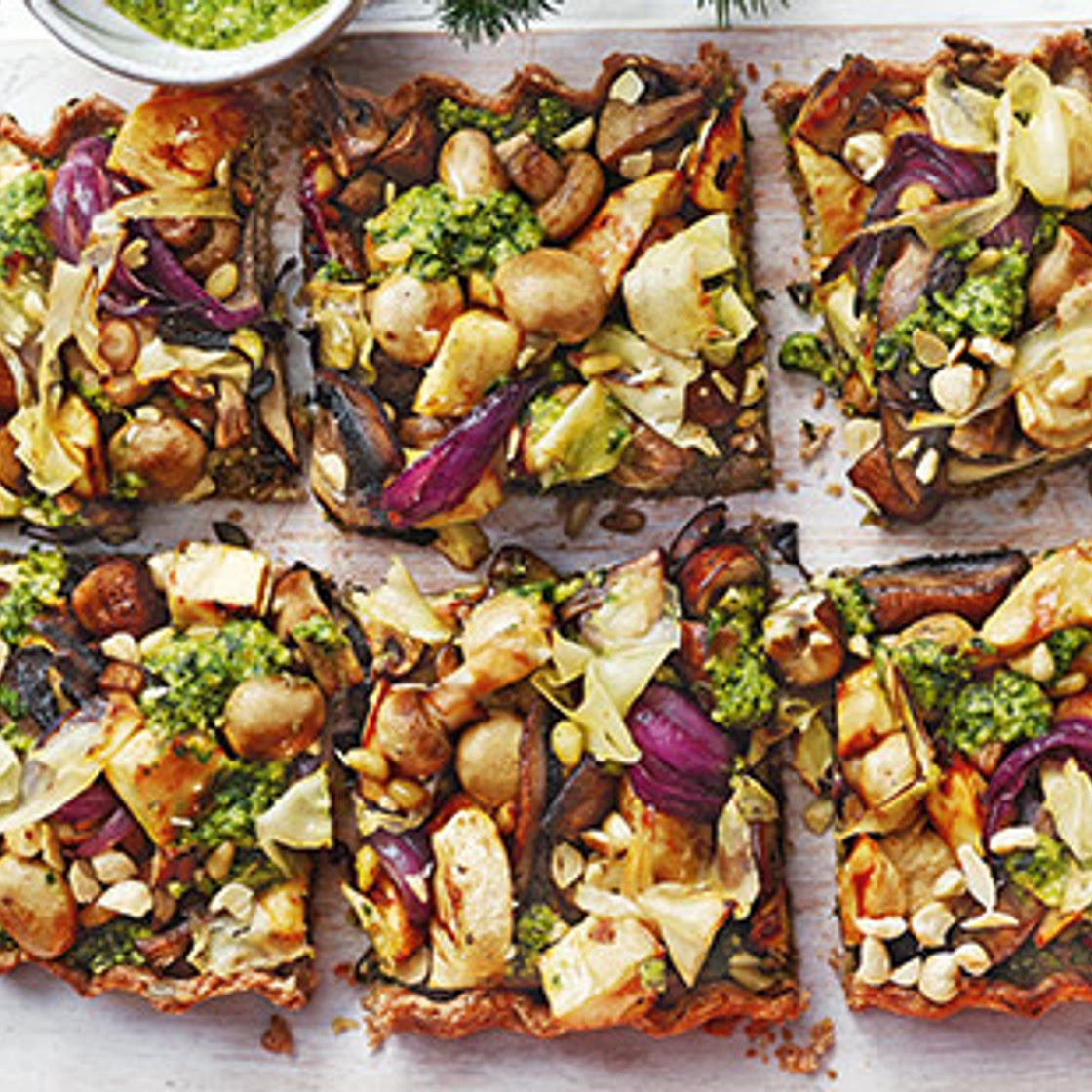 Mushroom nut roast tart with pesto