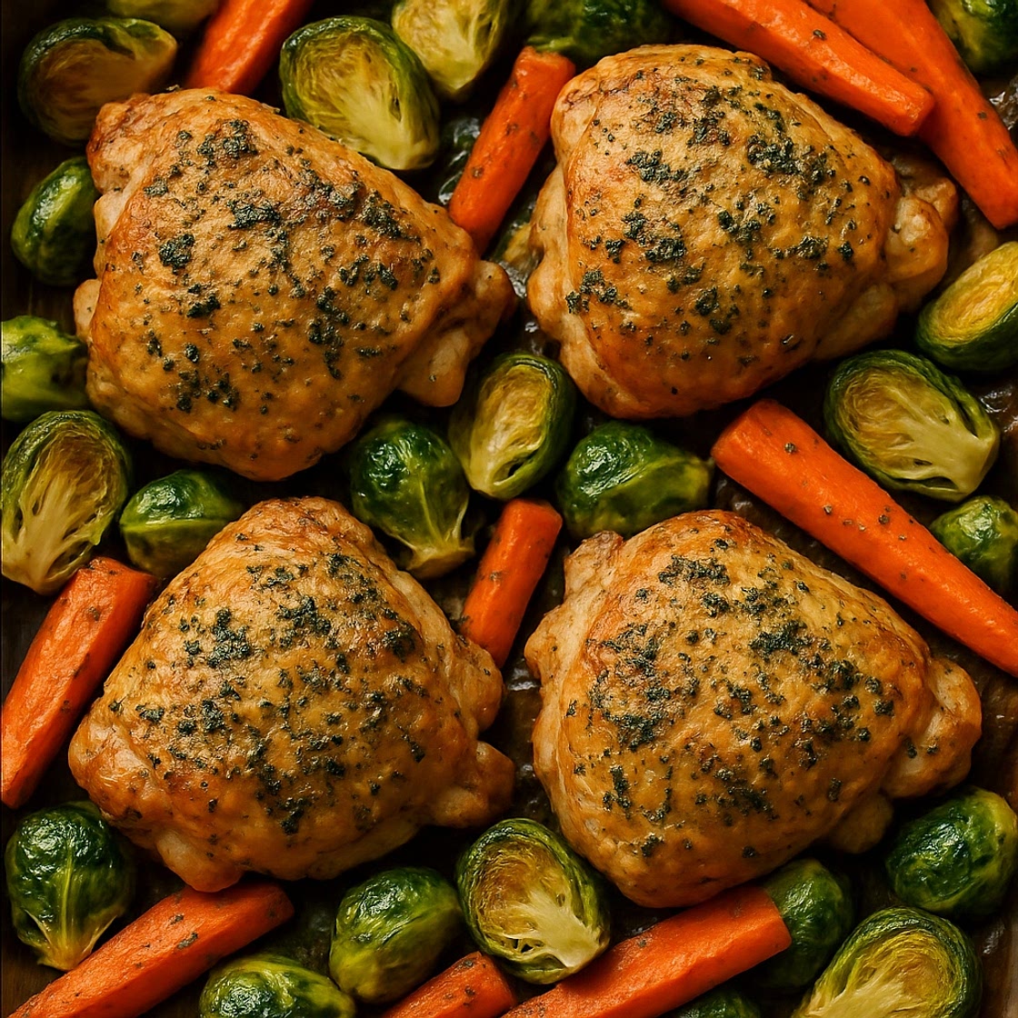 Herb Roast Chicken Thighs with Brussels & Carrots
