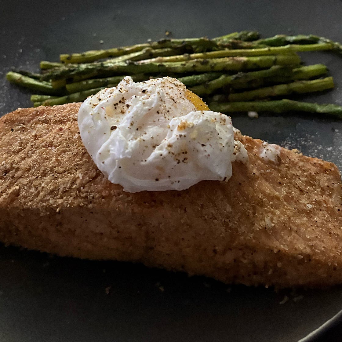 Coriander-&-Lemon-Crusted Salmon with Asparagus Salad & Poached Egg