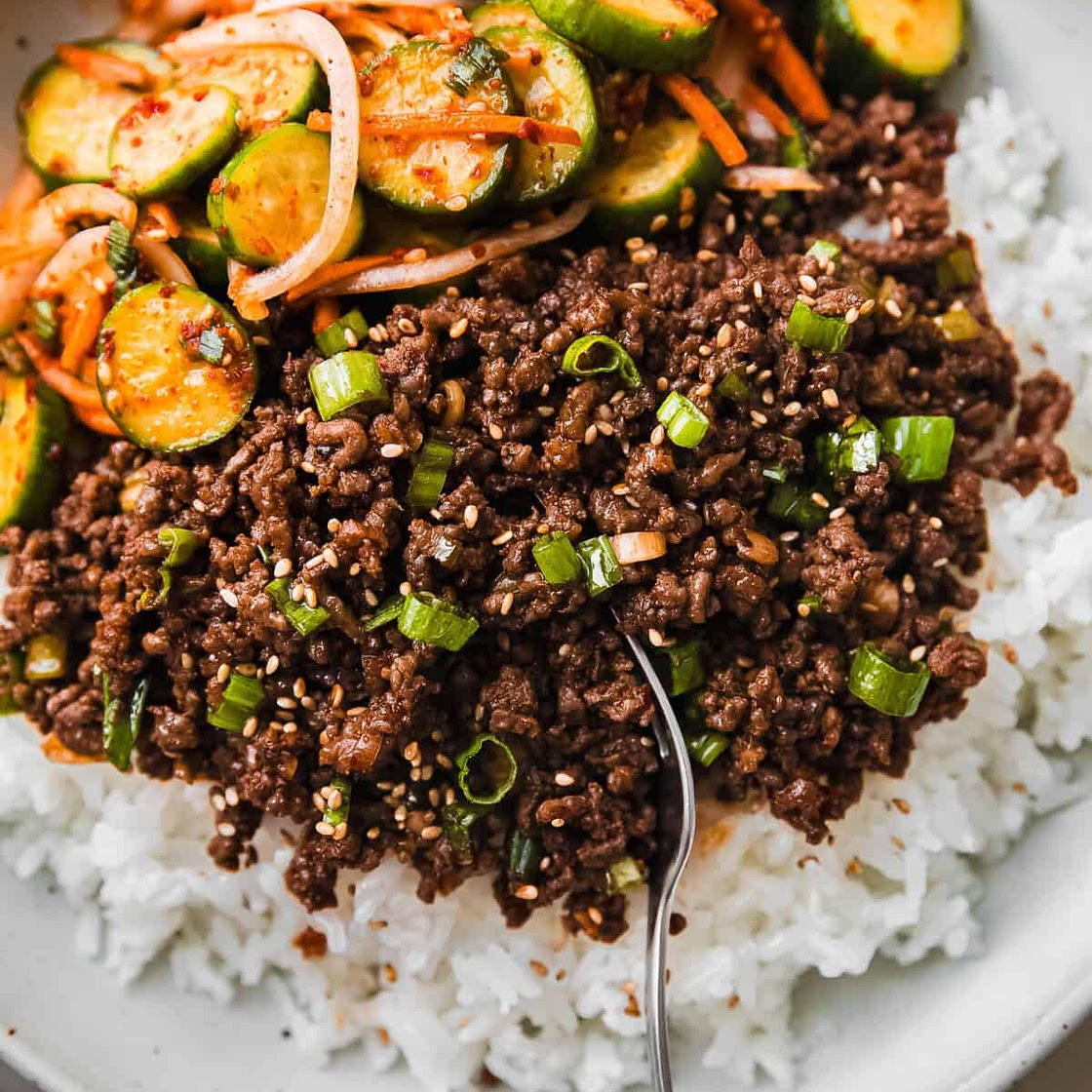Gochujang Beef Bowls with Spicy Korean Cucumber Salad