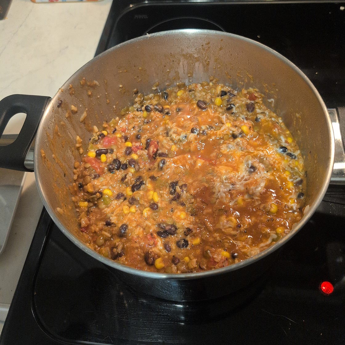 One Pot Cheesy Mexican Lentils, Black Beans and Rice
