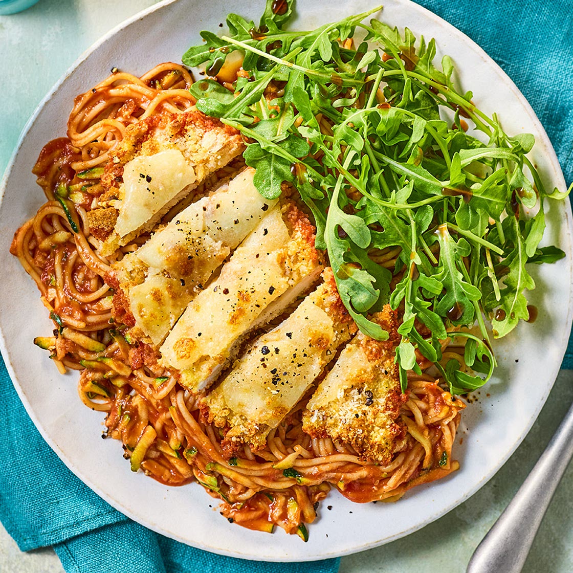 Air-fryer chicken parmigiana with spaghetti