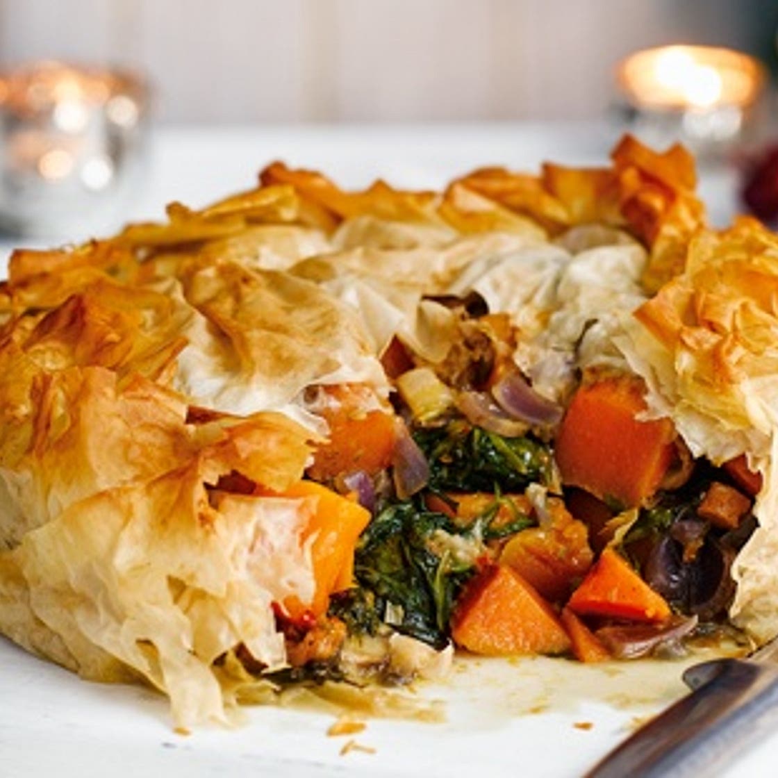 Butternut squash and Stilton filo pie