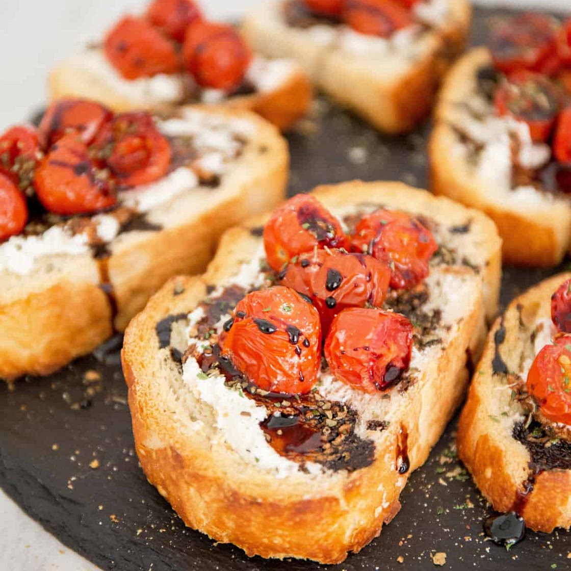 Roasted Tomato Bruschetta with Goat Cheese