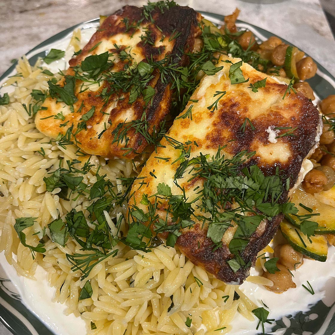 Crispy Lemon Feta with Spiced Chickpeas and Basil Orzo