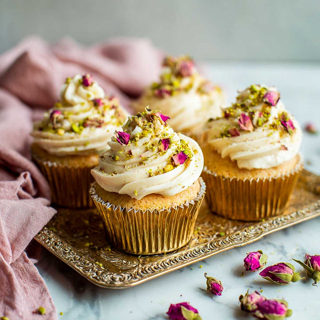 Eggless Rose Pistachio Cupcakes