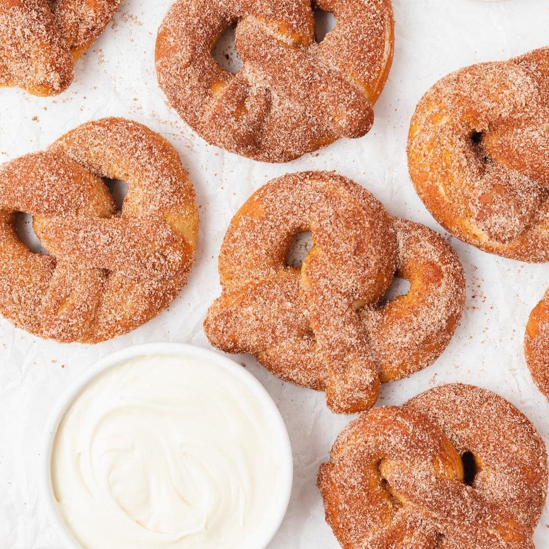 Cinnamon Sugar Soft Pretzels with Cream Cheese Frosting Dip