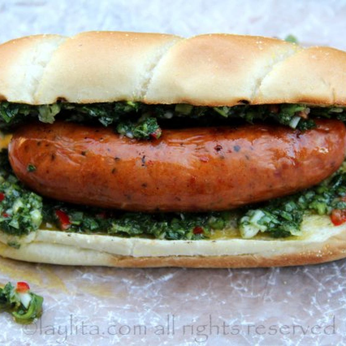 Choripan or chorizo hot dog with chimichurri sauce