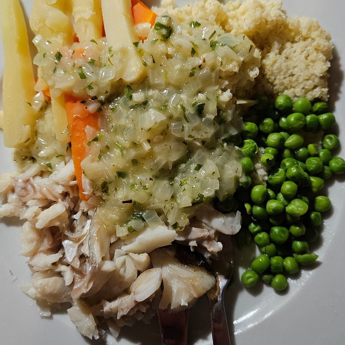 White fish with millet and veg