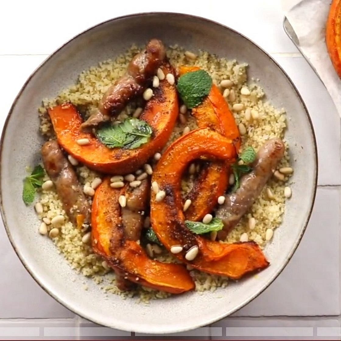 Potimarron et saucisses rôti