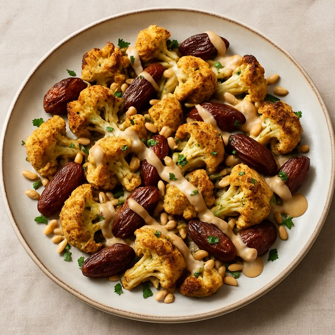 Cumin-Roasted Cauliflower and Dates with Tahini and Pine Nuts