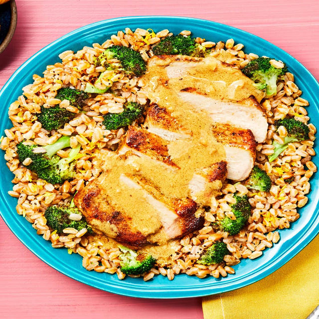 Pork Chops With Creamy Lemon Pan Sauce over Roasted Broccoli Farro