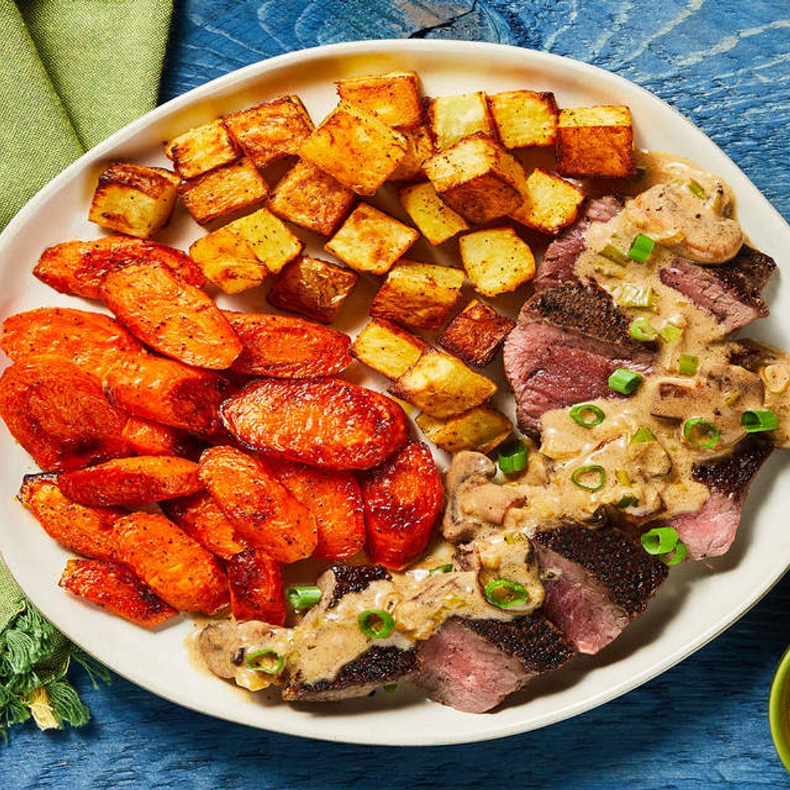Steak with Mushroom Cream Sauce plus Roasted Potatoes & Carrots