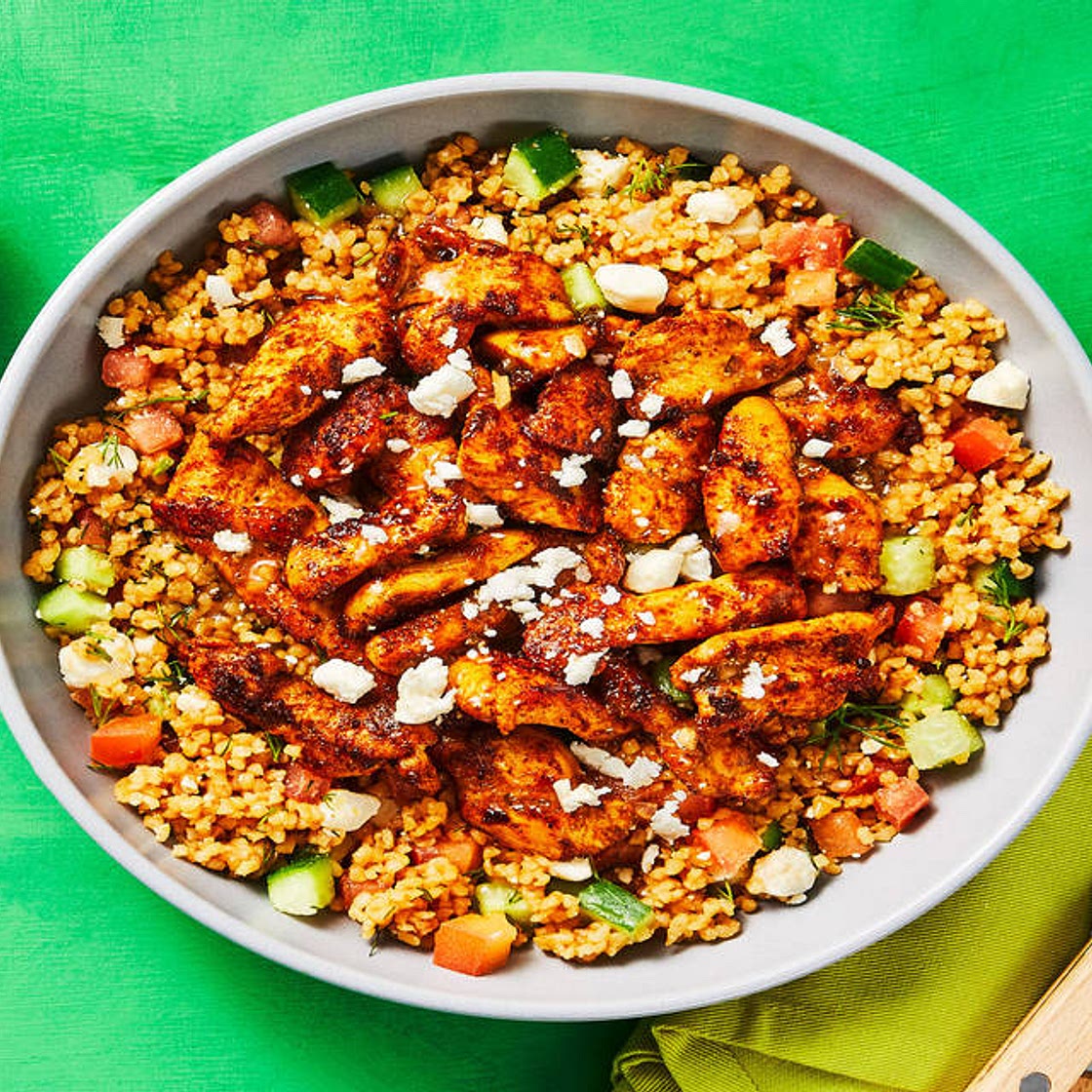 Spicy Harissa Chicken Bowls over Tabbouleh with Feta & Greek Vinaigrette
