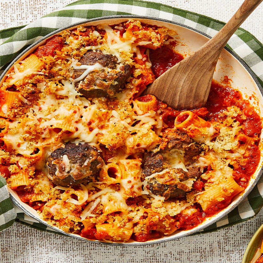 Stuffed-Meatball Rigatoni Bake with a Parmesan & Panko Crust
