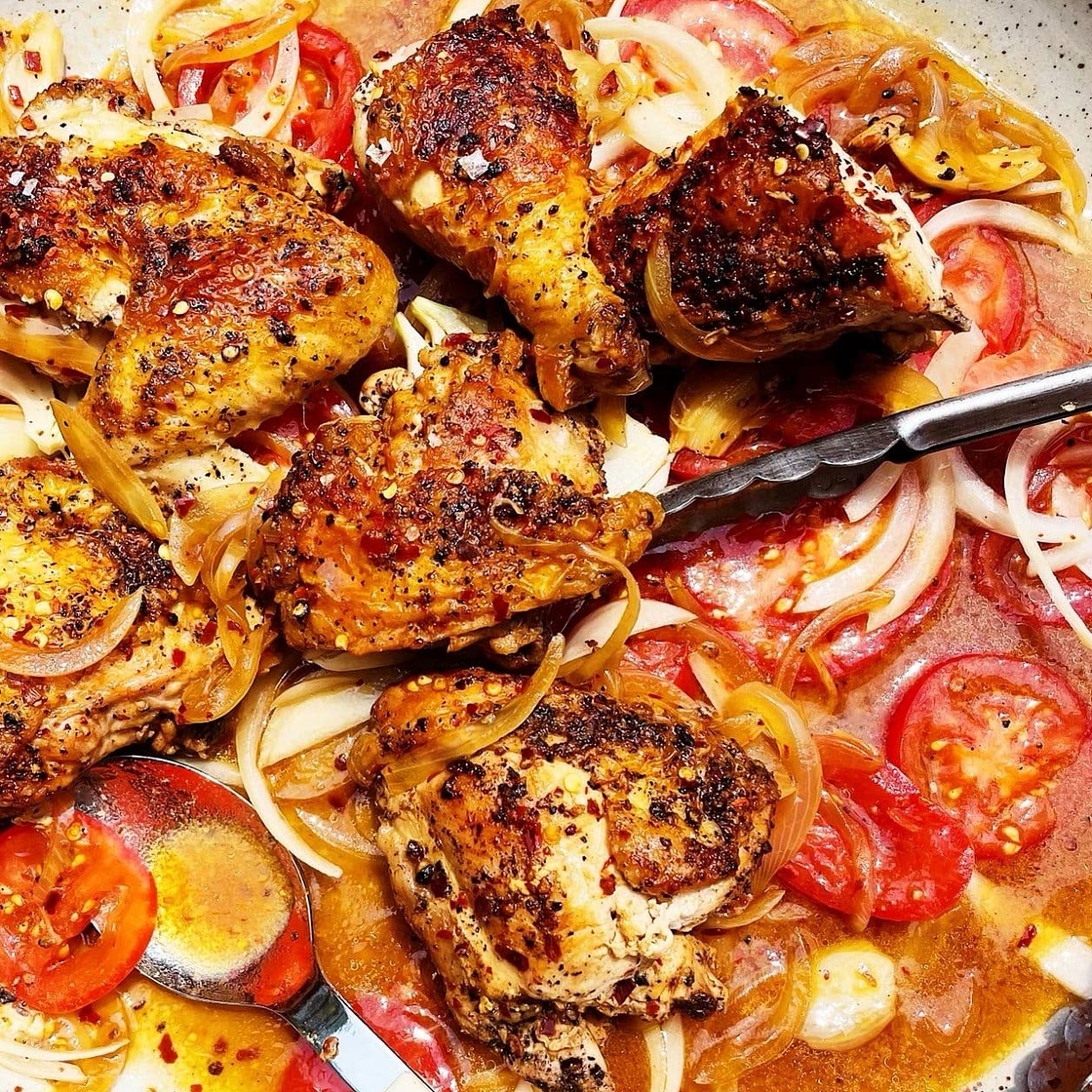 Spicy Vinegar Chicken over Tomatoes