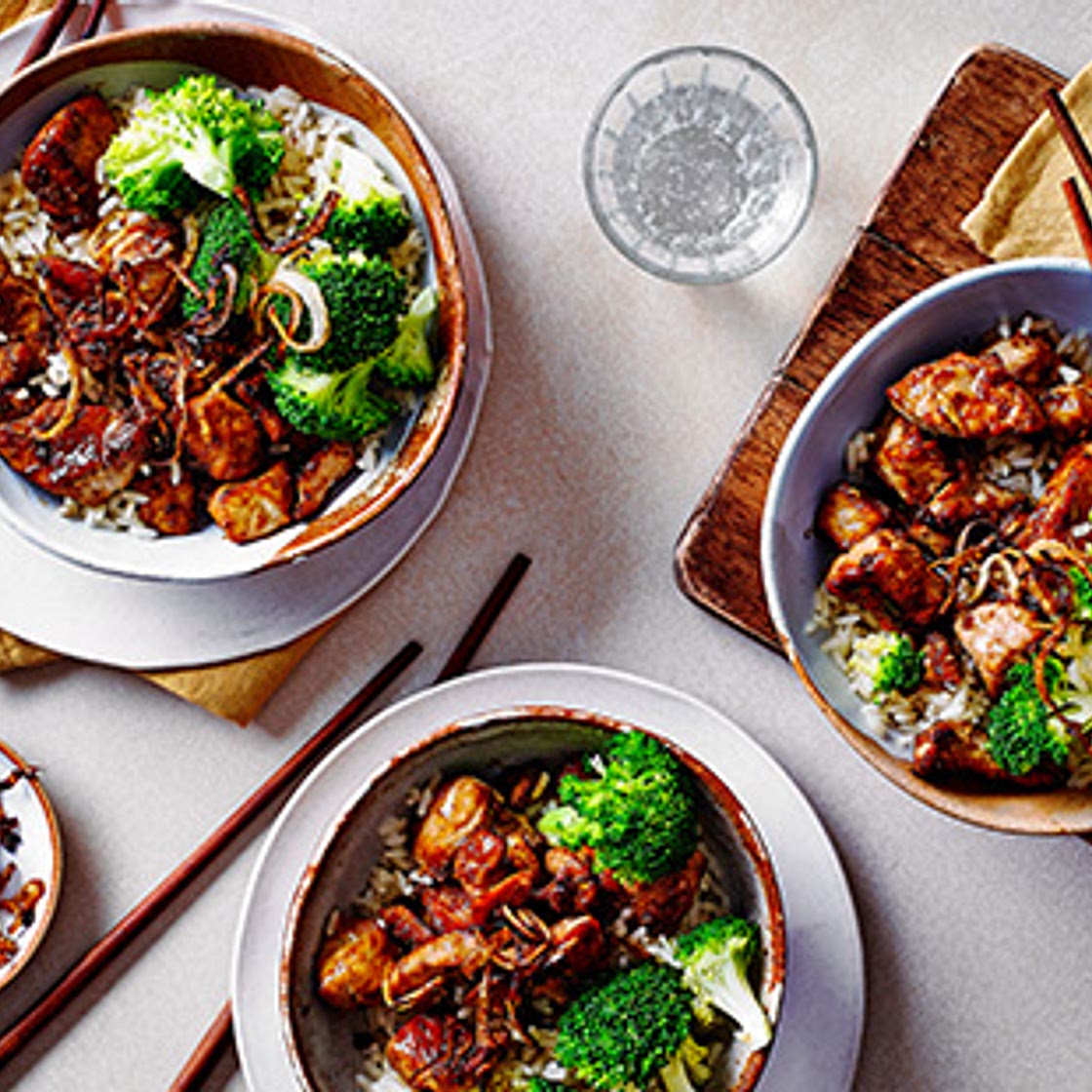 Pork teriyaki, rice and broccoli