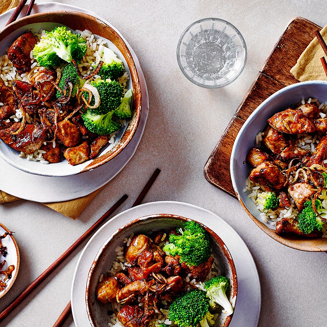 Pork teriyaki, rice and broccoli