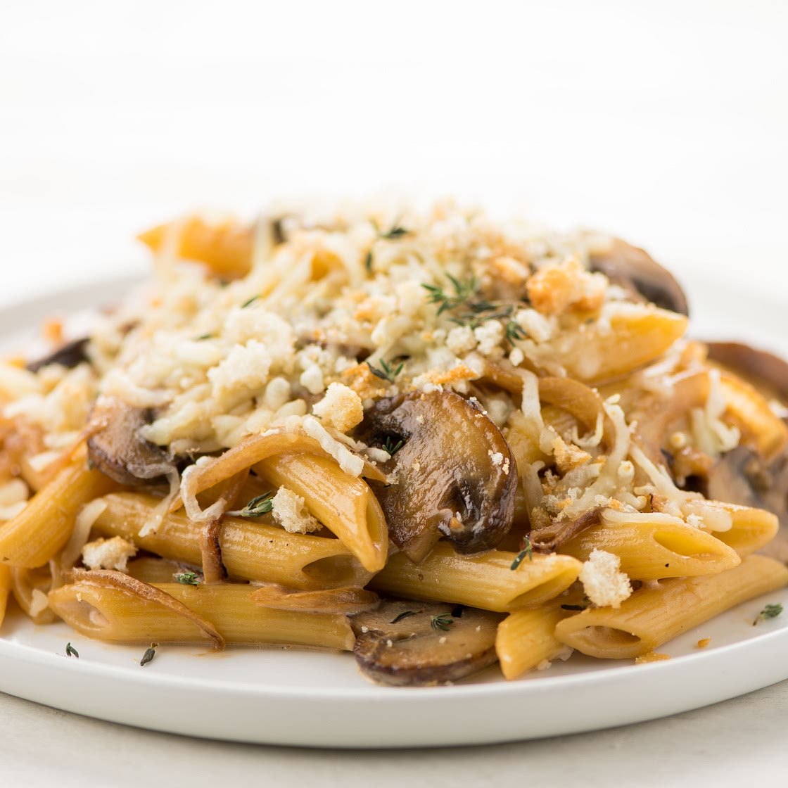 Baked French Onion Penne with cremini mushrooms