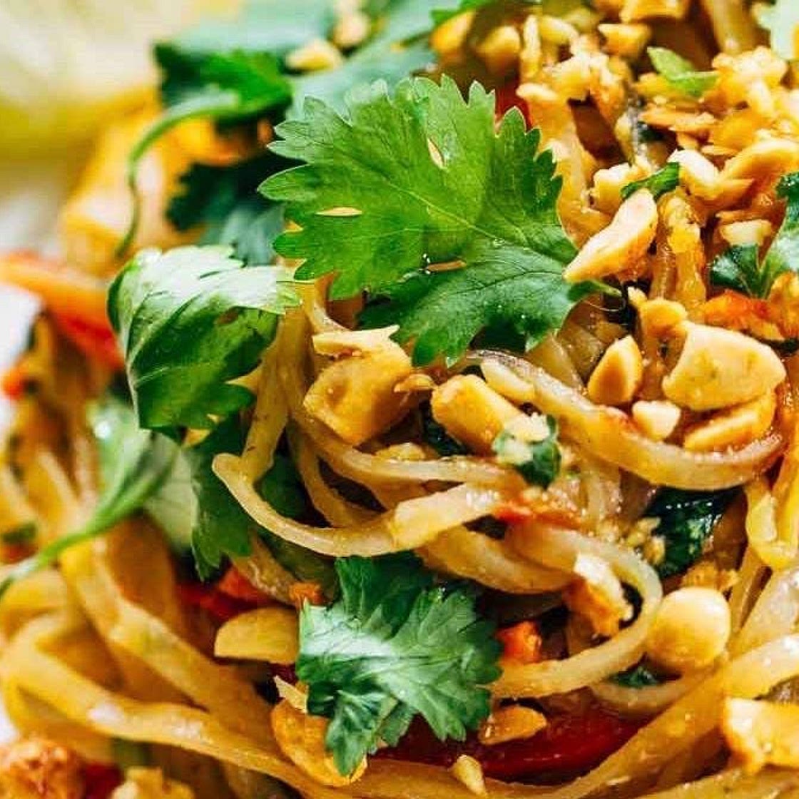 Rainbow Vegetarian Pad Thai with Peanuts and Basil