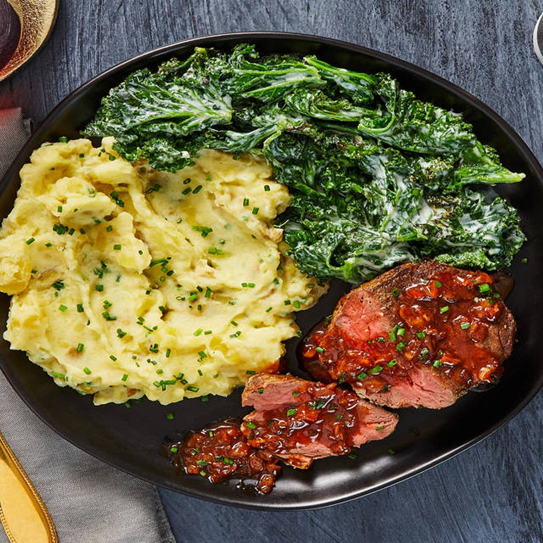 Beef Tenderloin & Shallot Pan Sauce with Garlic-Herb Creamed Kale & Mashed Potatoes