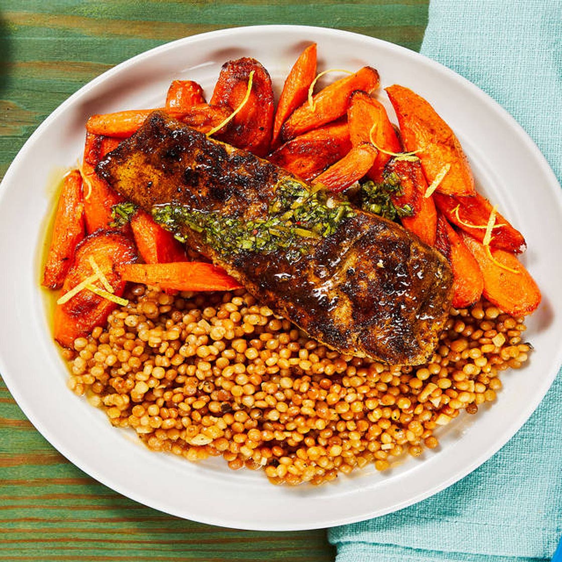 Chimichurri Barramundi with Lemony Carrots & Garlic Herb Couscous