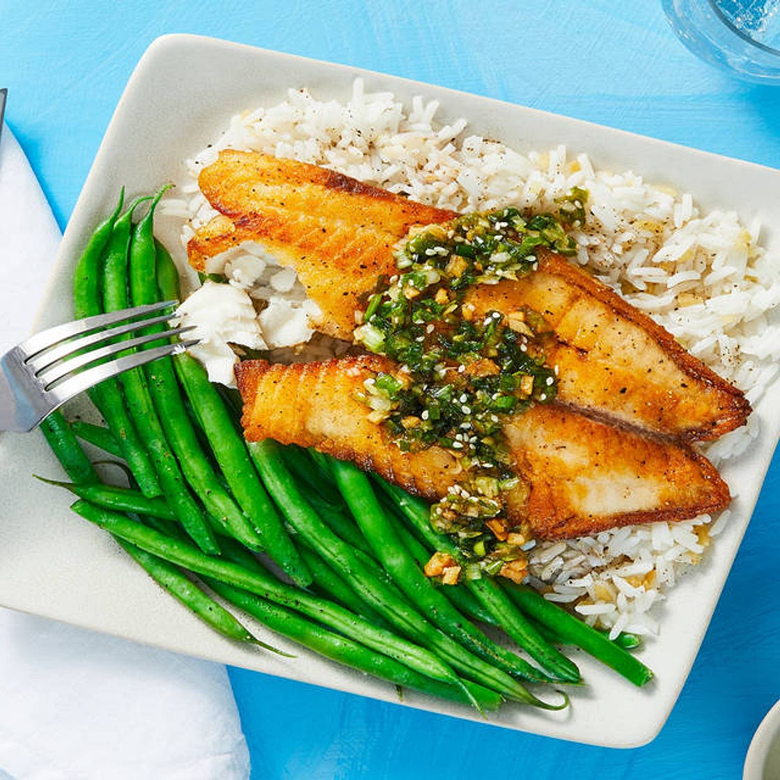 Tilapia with Scallion Sriracha Pesto over Ginger Rice with Green Beans