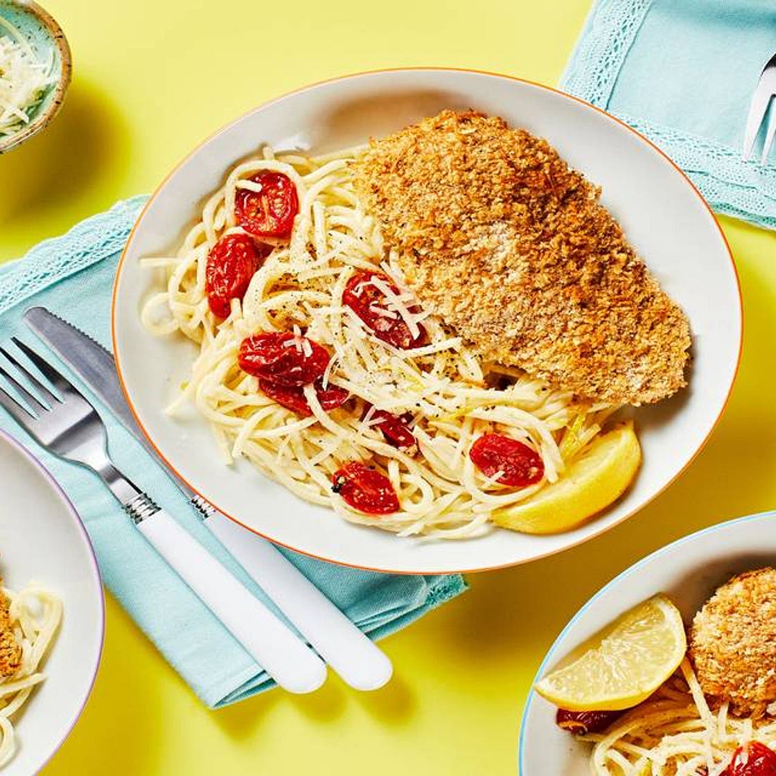 Parmesan-Crusted Chicken over Creamy Lemon Tomato Spaghetti