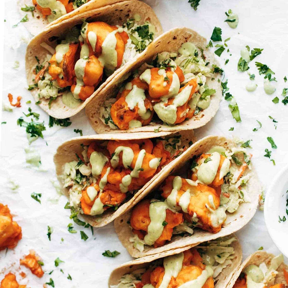 Buffalo Cauliflower Tacos with Avocado Crema