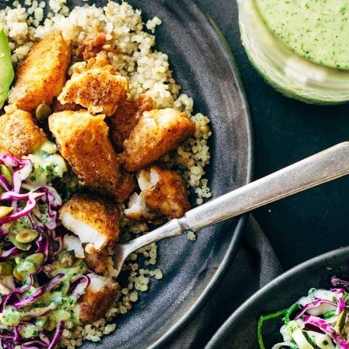 Spicy Fish Taco Bowls with Cilantro Lime Slaw