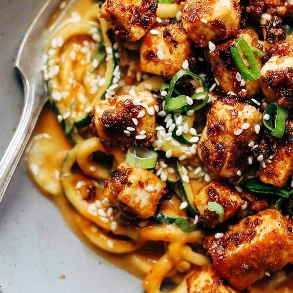 Spicy Sesame Zoodles with Crispy Tofu