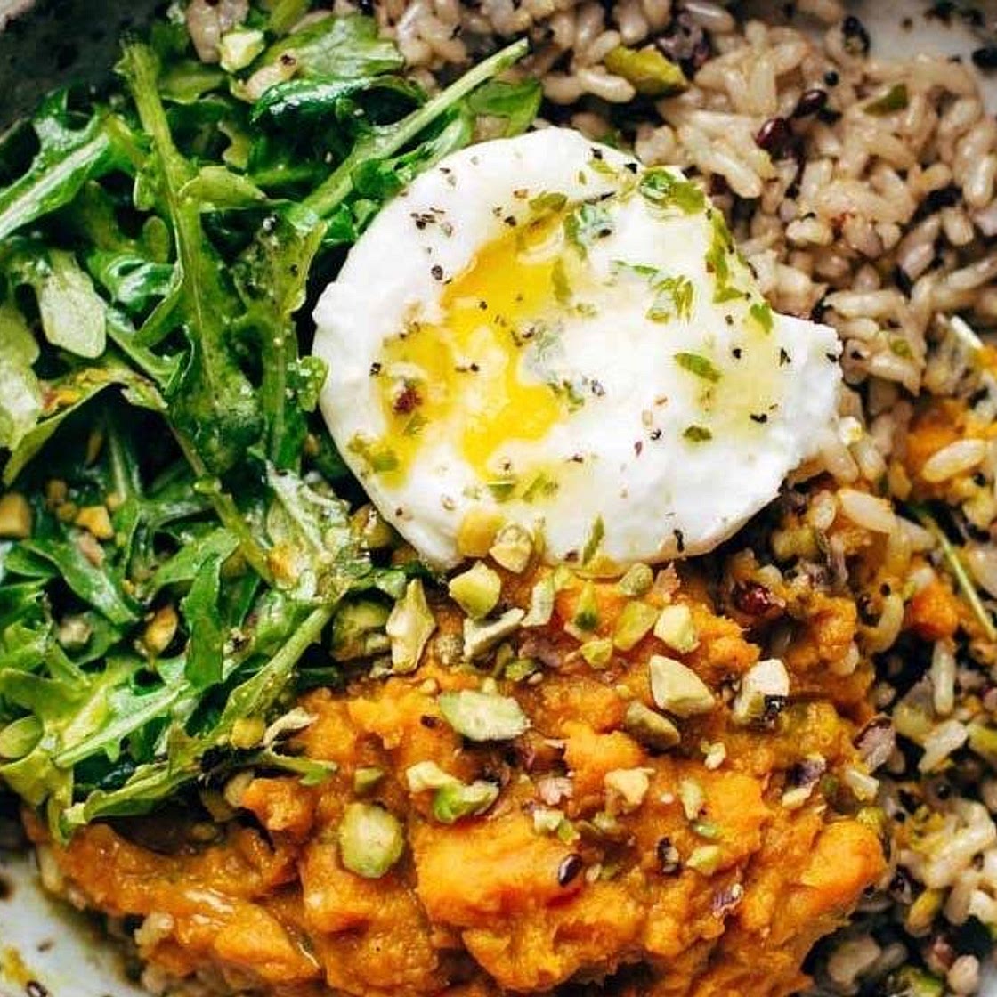 Healing Bowls with Turmeric Sweet Potatoes, Poached Eggs, and Lemon Dressing