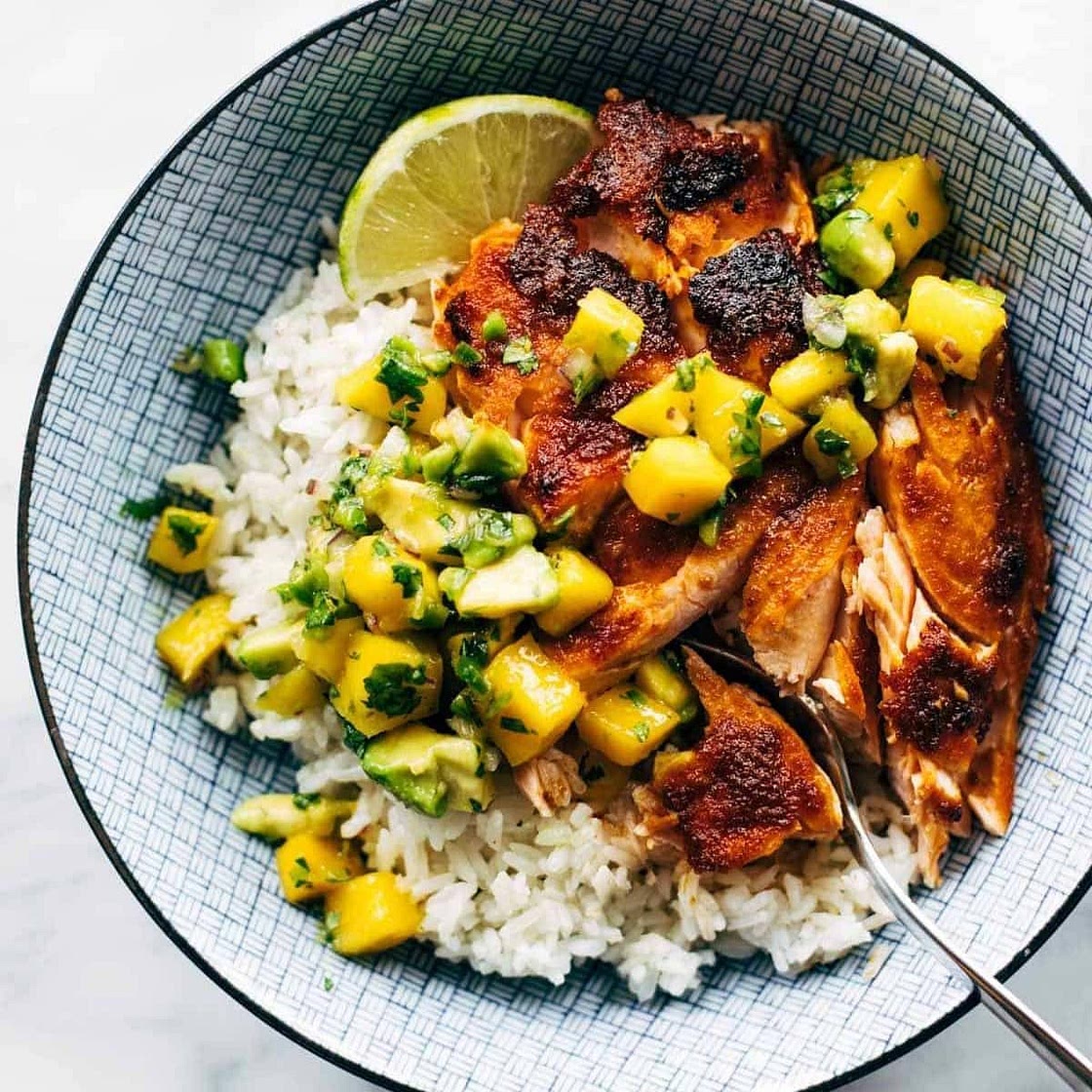 BBQ Salmon Bowls with Mango Avocado Salsa