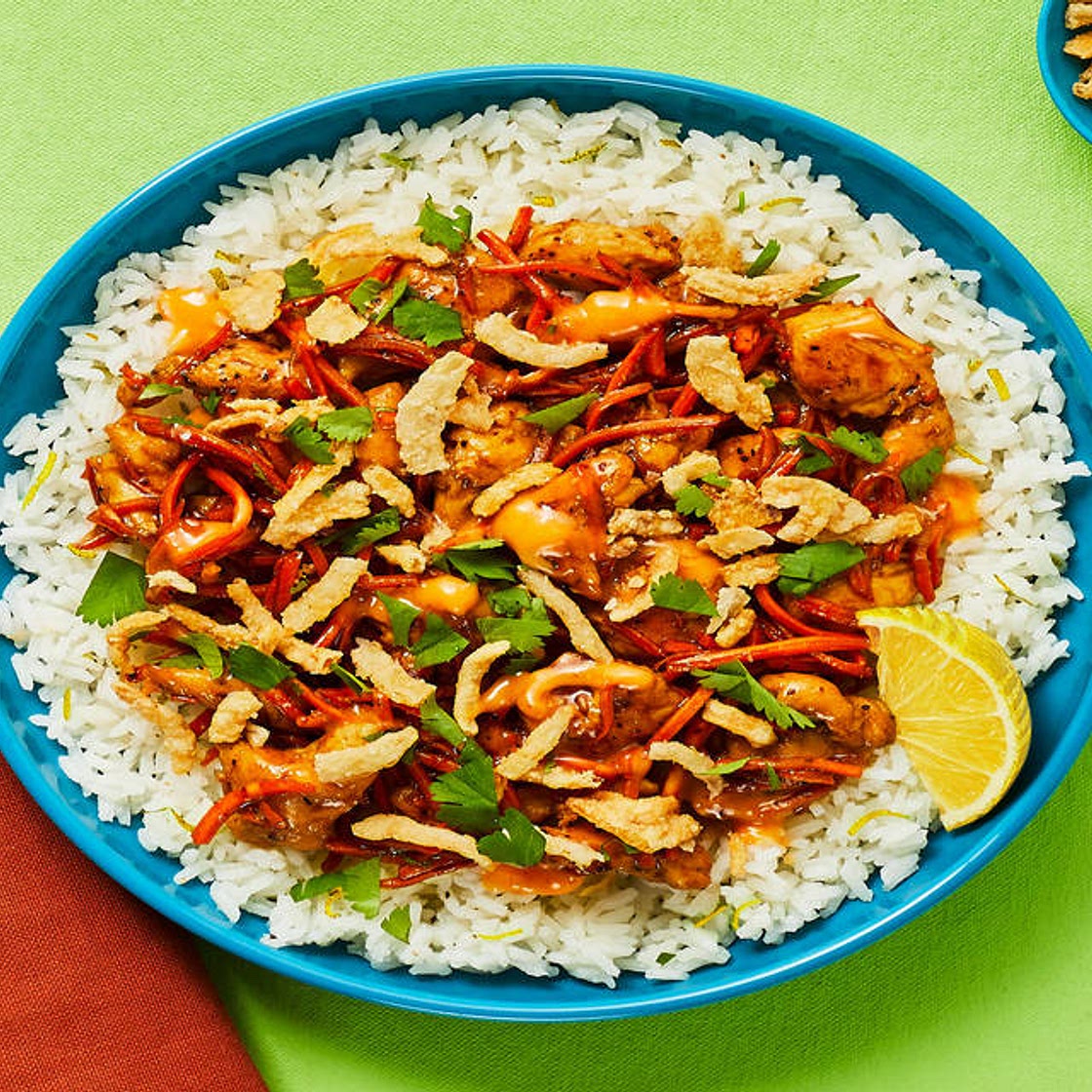 Sesame Soy Chicken Bowls with Chili Mayo, Cilantro & Crispy Onions