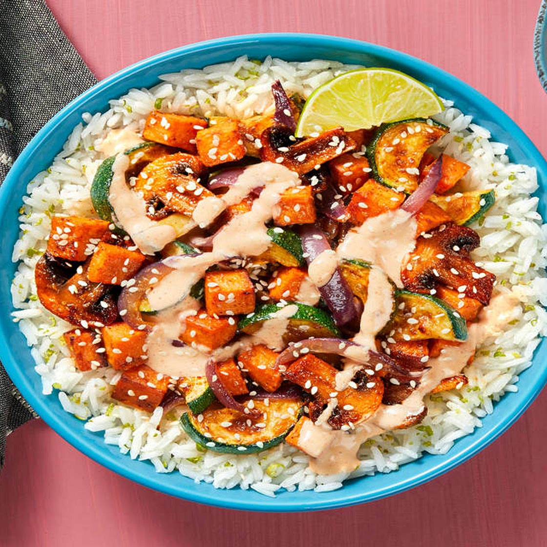 Honey Miso Sweet Potato ’Shroom Jumble over Lime Rice with Zucchini & Creamy Sriracha Sauce