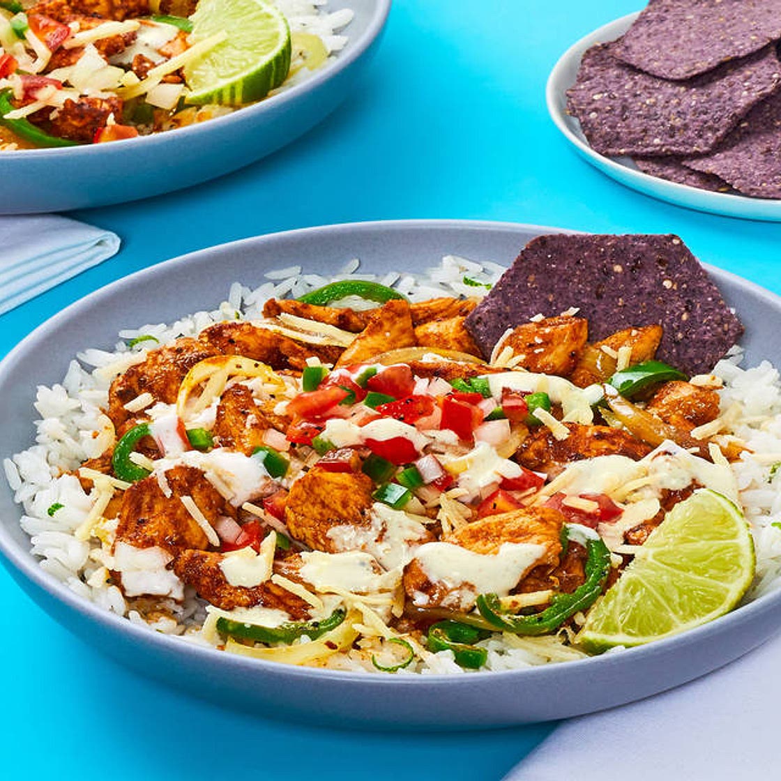 Chicken Fajita Bowls with Blue Corn Tortilla Chips, Pico de Gallo & Chili Lime Crema