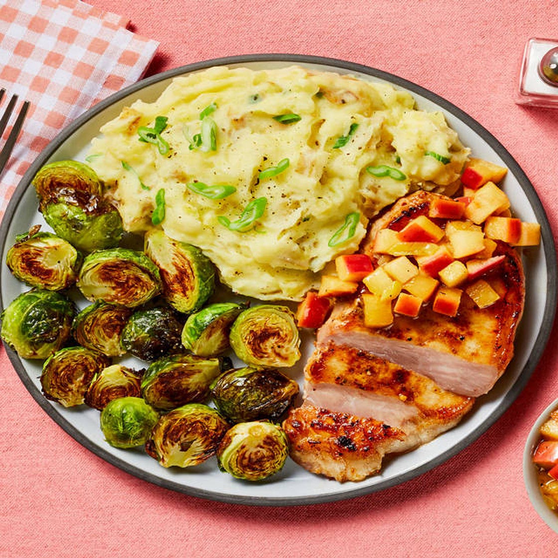 Brown Sugar Bourbon Pork Chops with Apple Pan Sauce, Scallion Mashed Potatoes & Roasted Brussels Sprouts