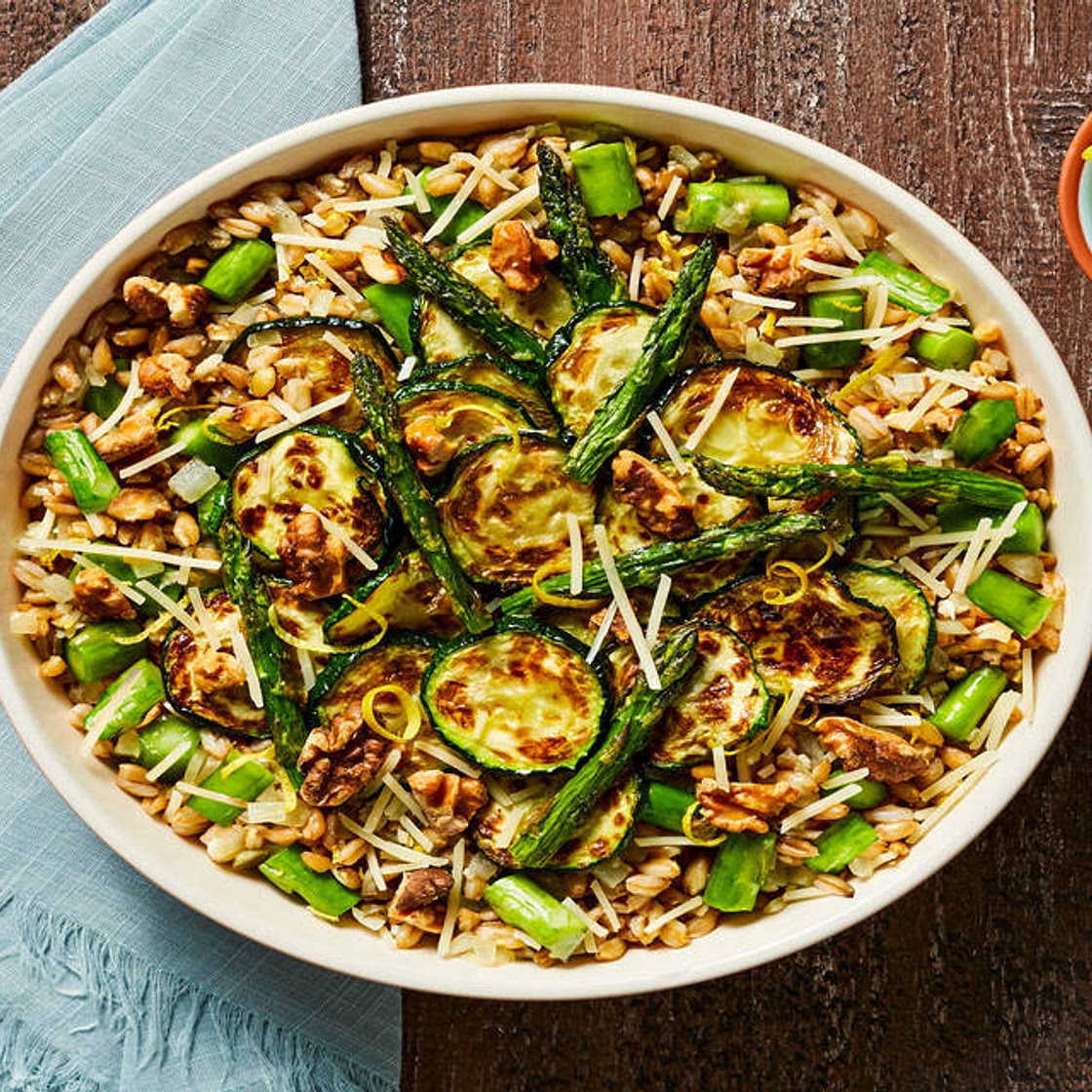 Gorgeous Greens Farro Bowl with Roasted Zucchini & Asparagus