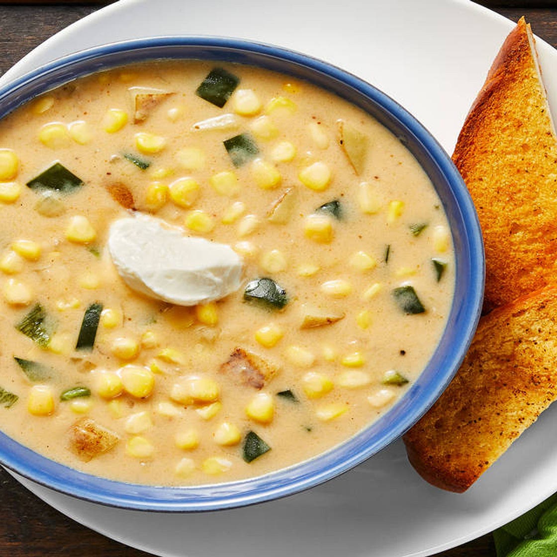 Sweet Corn & Poblano Chowder with Old Bay Toast