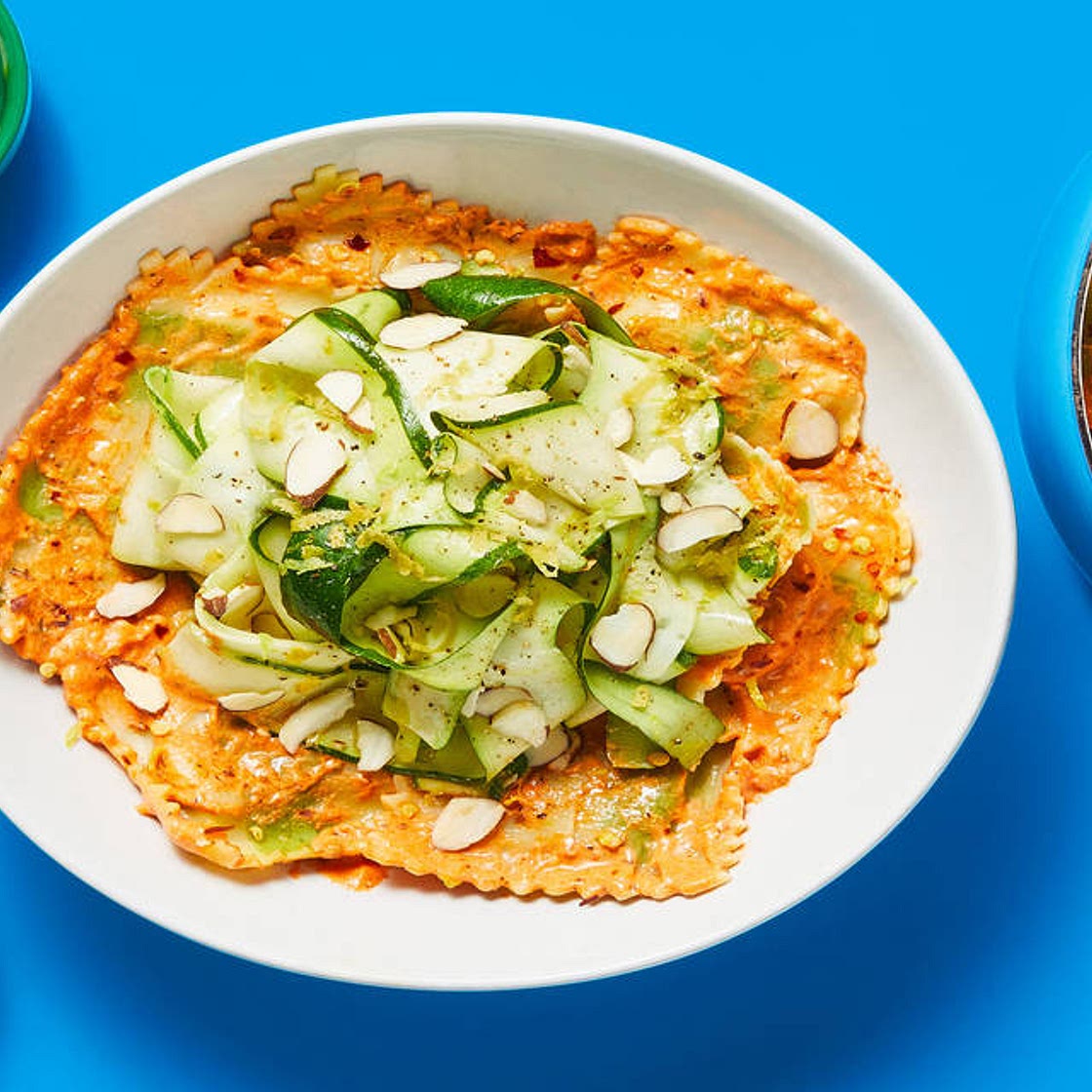 Spinach Ricotta Stuffed Ravioli with Garlic Tomato Cream Sauce & Spicy Lemon Zucchini Ribbons