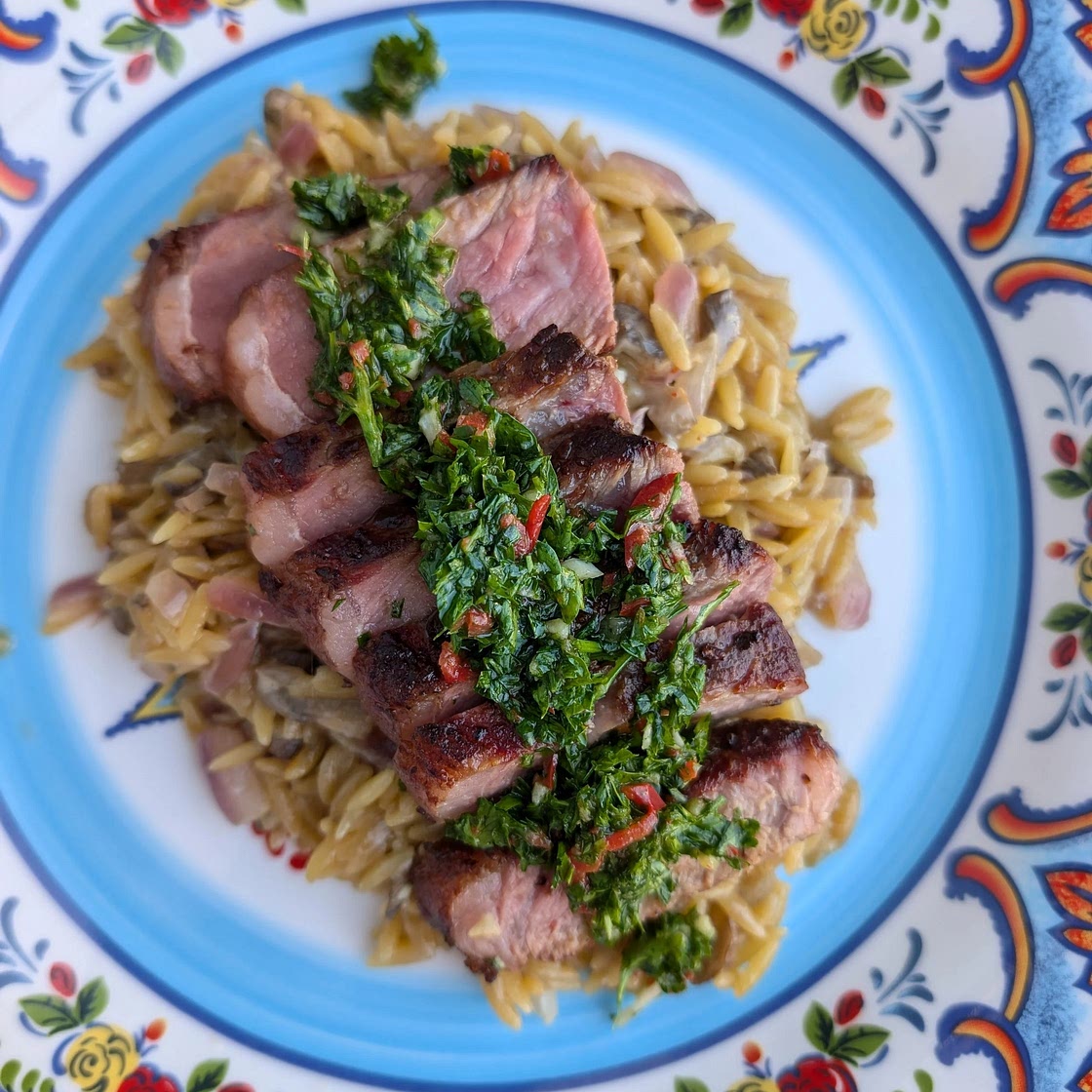Seared Steak with Creamy Sun-Dried Tomato Orzo & Chimichurri