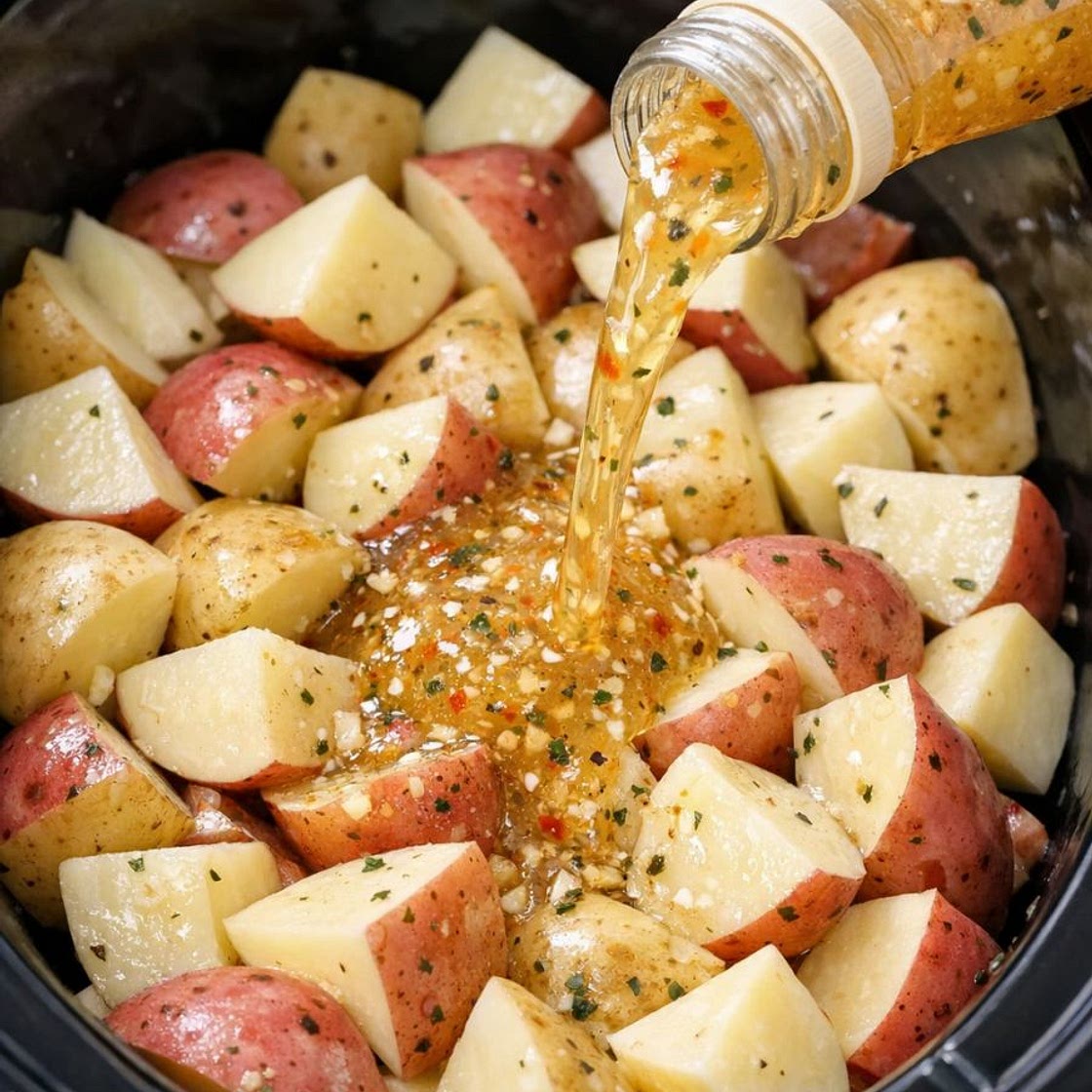 Dump this bottled Italian dressing and only 2 more ingredients over potatoes in the slow cooker for a simple, cozy side with a built-in veggie
