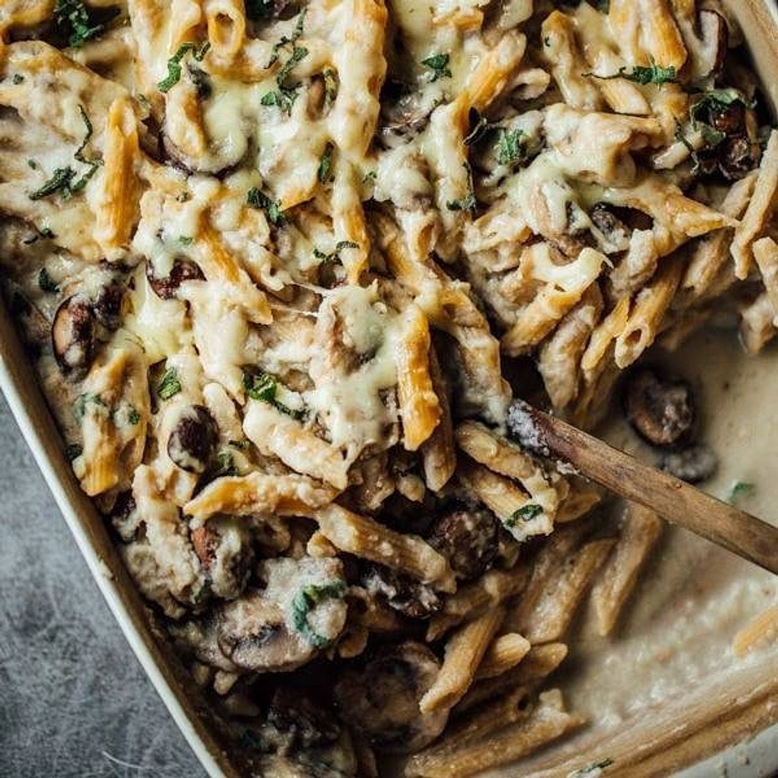 Mushroom Alfredo Penne Bake