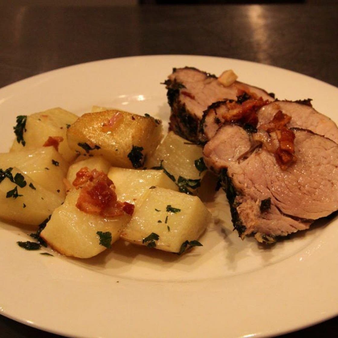 Herb-Crusted Pork Tenderloin with Bacon Vinaigrette