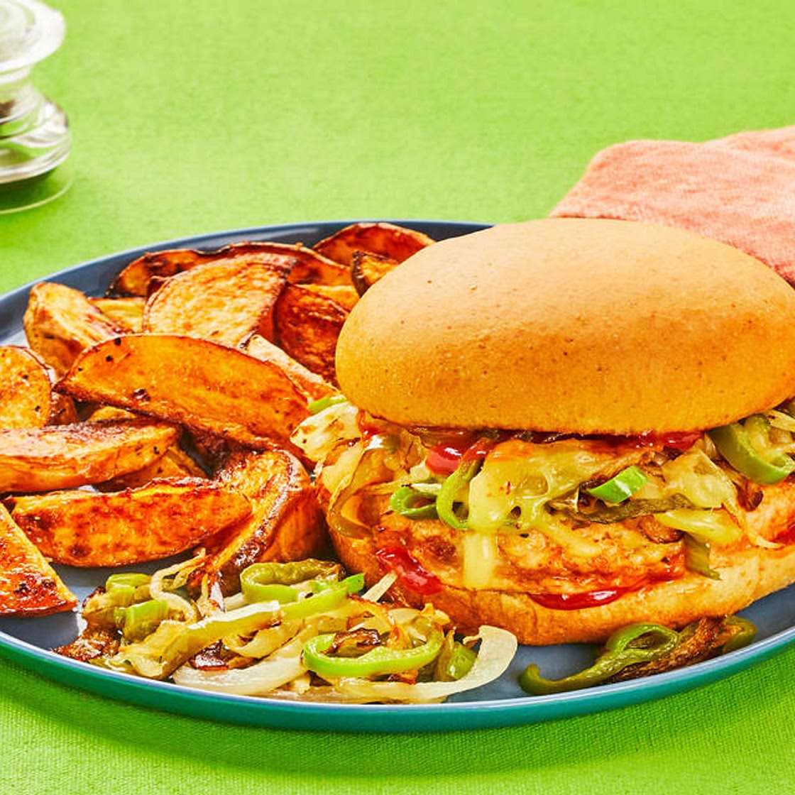 Smothered Pepper Jack Burgers with Spicy Ketchup & BBQ Potato Wedges