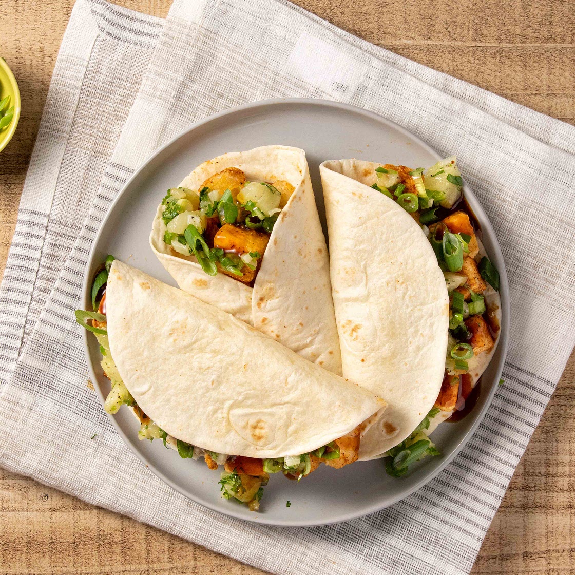 Crispy Teriyaki Tofu Tacos with pineapple salsa