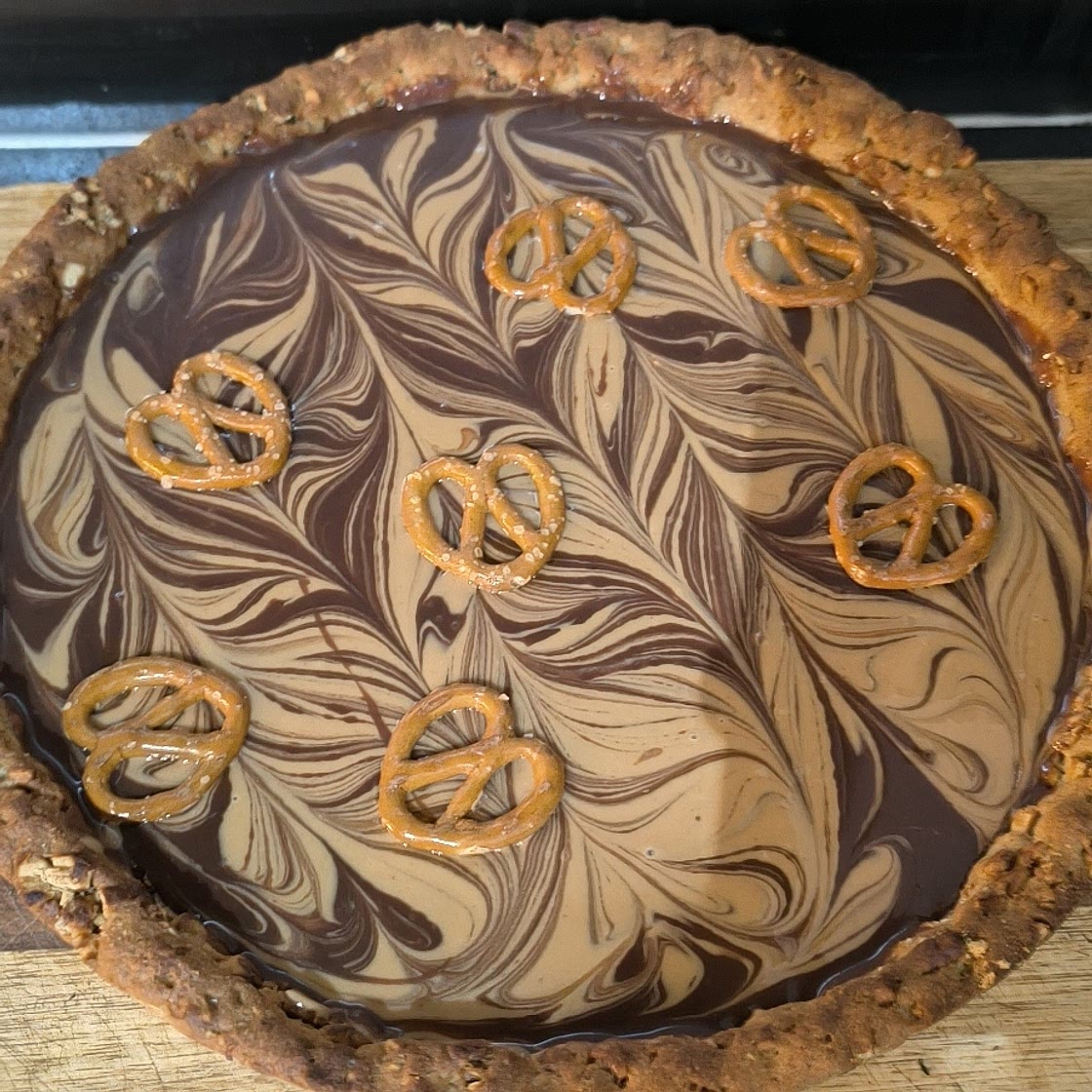 Sweet and Salty Pretzel Tart with Chocolate Ganache and Peanut Butter Swirl