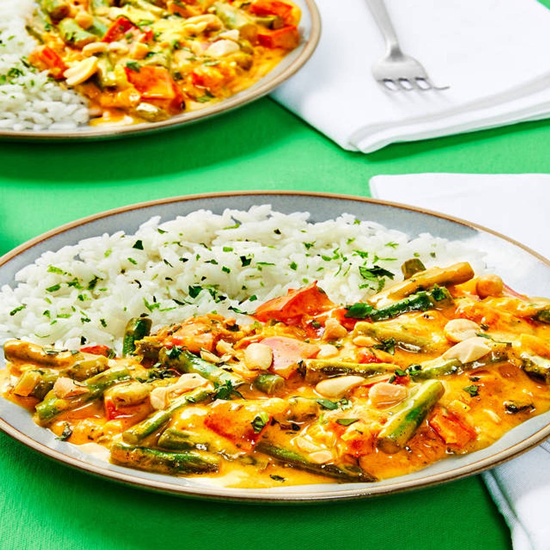 Thai Ginger Curry with Creamy Coconut Veggies, Peanuts & Lime Rice
