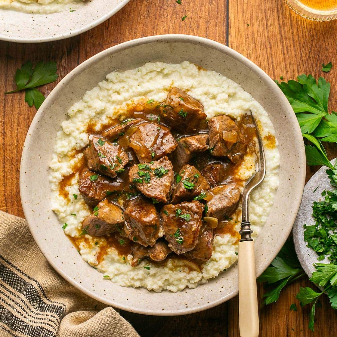 Beef Tips and Gravy over Cauliflower Mash